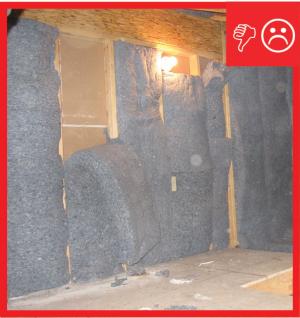Wrong – The batt insulation on this knee wall is not properly supported and there is no air sealed rigid backing to provide a solid air barrier.