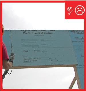 Wrong – Rigid insulation is being installed without cap nails
