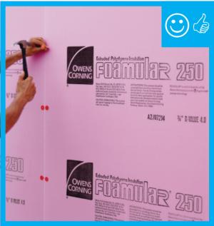 Right – Rigid insulation is being installed with cap nails