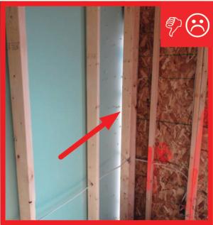 Wrong - Common wall sheathing not properly fastened or sealed