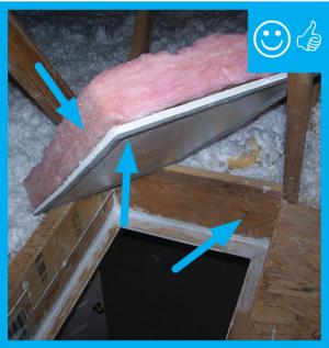 Right –  Attic access hatch has been properly insulated by attaching a fiberglass batt, gasketed, and opening has blocking
