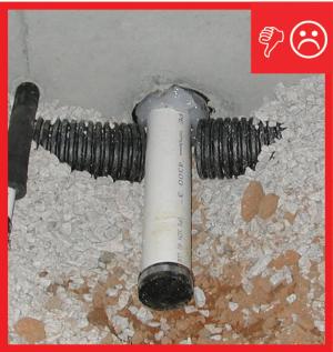 Wrong – Drain pipe has been cut and foundation penetration has not been properly sealed