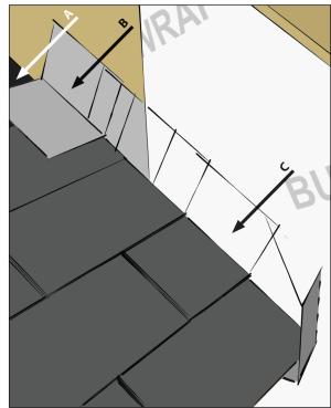Step and kick-out flashing at all roof-wall intersections extending ≥ 4 in. on wall surface above roof deck and integrated with drainage plane above