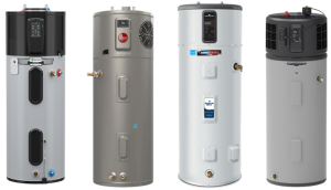 Examples of heat pump water heaters with water pipe connections on top.
