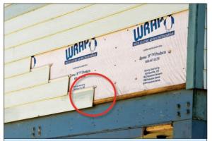 Wrong – The underside of the first course of siding extends beyond the underlying sheathing leaving it vulnerable being pulled off by pressure from high winds. 