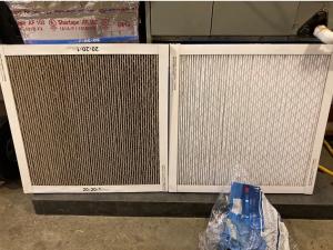A comparison of a dirty furnace filter on left and clean filter on right. Dirty filters block airflow and make the furnace or air handler work harder.