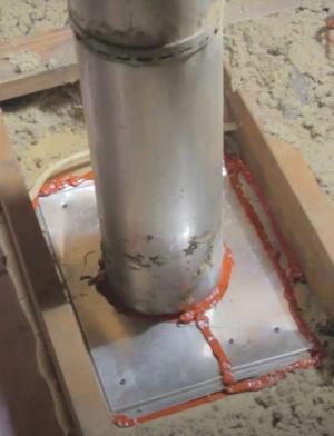 . Install sheet metal to cover the gaps around a flue pipe in the attic; attach with screws or heavy staples, then seal seams with fire-rated caulk or foam