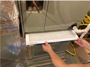 This new filter is inserted into furnace filter slot on the return side of the furnace with the arrow on the side of the filter frame pointing in the direction of airflow, which is toward the furnace.
