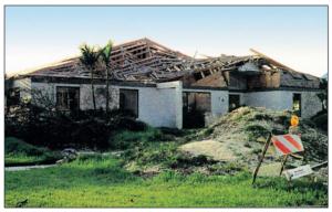 A gable end failure due to improper bracing caused collapse of most of the trusses on this roof under hurricane force wind conditions. 