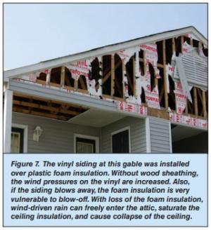 Wrong – The gable end wall failed because the rigid foam sheathing was not backed up by plywood or OSB.