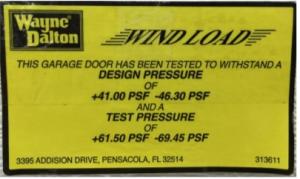 Garage Door Label showing design wind pressures. 