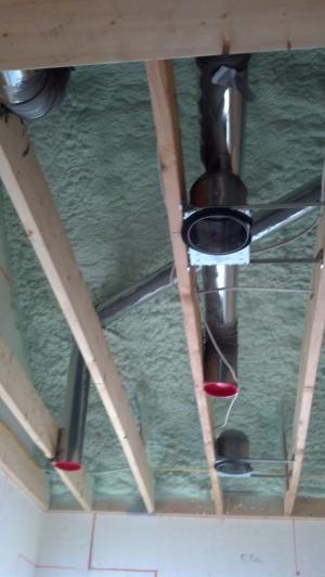 Because this ICF and spray foamed house is so well insulated, the HVAC system is smaller, the round metal ducts are smaller diameter, and the duct layout is more compact.