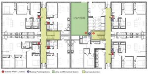 Right – Possible Heat Pump Water Heater Locations on Full Plate Floorplan in a Multifamily Building