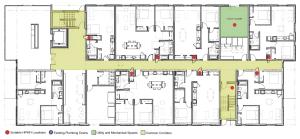 Right – Possible Heat Pump Water Heater Locations on a Multifamily Floorplan including an interior corridor, eight apartments, and meeting rooms