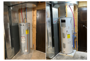 Size comparison between two 50-gallon water heaters: a traditional electric-resistance-only water heater on the left and a heat pump water heater on the right 