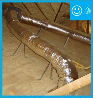 Right - Flex duct installed with frequent supports, straight runs, and gradual turns to allow good air flow