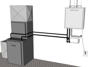 Combined space and water heating system with tankless gas water heater