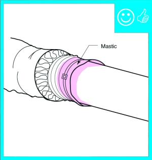 Right – Flex duct is properly connected to metal duct with a duct tie and connection is mastic sealed 