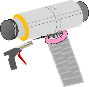 A nylon draw band and tensioning tool are used to secure the inner coil of the pre-insulated flexible duct