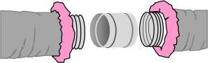 Two pieces of flex duct are spliced together with a metal sleeve, nylon draw bands, mastic, metal tape, and more mastic