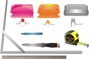 Hand tools for cutting fiber board sheets include a knife, straight edge, and color-coded edge-cutting tools
