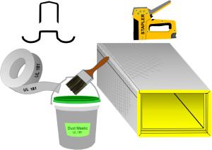Seal seams in fiber board ducts with out-clinching staples, UL-181A-approved tape, and mastic