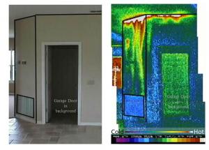 The grille in the photo on the left brings air into a return air plenum under an air handler platform. As shown in the infrared image on the right, the plenum is not air sealed so hot attic air is being pulled into the air handler closet. 