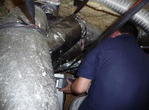 Wrong – It is difficult to test the air flow in this fresh air intake duct due to poor access and inadequate length of straight duct to get an accurate in-line flow measurement.