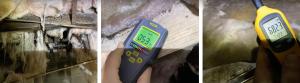 High moisture levels were detected in this crawlspace by visual inspection of sagging ceiling insulation and deteriorating floor joists (left), high wood moisture content measured with a pin sensor (center), and high humidity levels in the air (right).