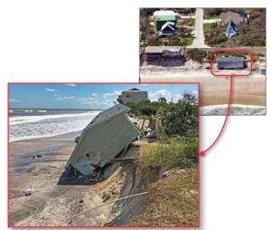 Wrong – This house was built on a shallow foundation instead of piers; the foundation was undermined by erosion from Hurricane Irma (Vilano Beach, FL)