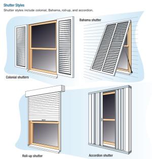 Hurricane shutter styles include colonial, Bahama, roll-up, and accordion shutters. 