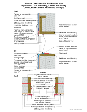 2021 IECC Window Detail: Double Wall Framed with Plywood or OSB Sheathing, a WRB, and Siding (Wood, Fiber Cement, Aluminum, or Vinyl)