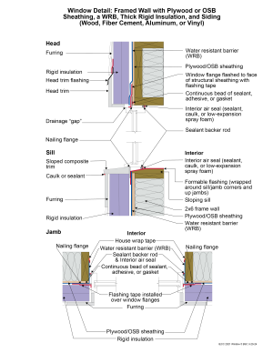 2021 IECC Window Detail: Framed Wall with Plywood or OSB Sheathing, a WRB, Thick Rigid Insulation, and Siding (Wood, Fiber Cement, Aluminum or Vinyl)