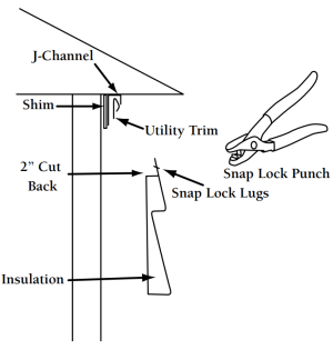 The final or top course of vinyl siding is trimmed if needed and attached to the wall with shimmed utility trim.