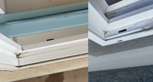 Interior weep holes may be located beneath the window track (left), or they may be visible as a part of the window frame (right)