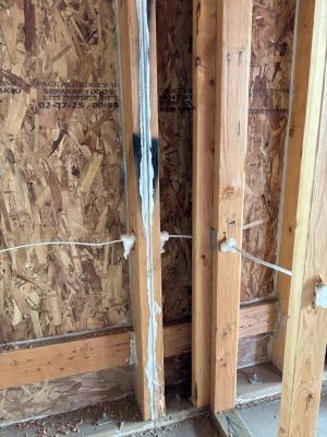 All wood-to-wood joints and wiring holes have been sealed in this exterior wall