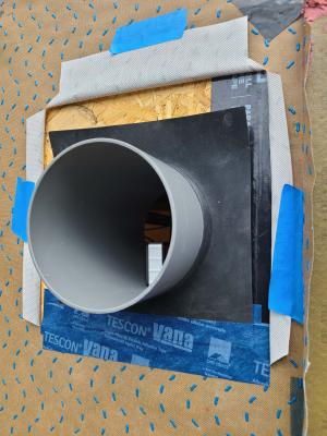 Right - After installing the EPDM gasket around the HRV duct, the lower edge of the gasket is taped first before taping the other edges of the gasket; 10 of 14. 
