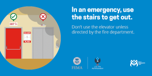 This FEMA flyer recommends using the stairs in case of fire; automated smoke control systems are often designed to minimize smoke in the egress path during a fire or smoke emergency.