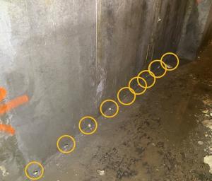 Intermittent water leaks have been injection sealed to prevent water infiltration into the foundation. 