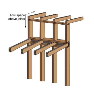 This interior wall is intersected by two ceilings of different heights; it is built as two walls stacked on one another, each having a bottom and top plate which act as barriers to airflow between levels.