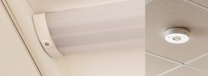 Examples of a motion sensor that is integrated with a light fixture (left) and a ceiling-mounted sensor (right) that is separate from the light fixtures but is used to turn on or turn off the lights. 