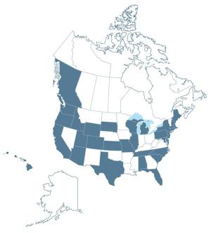 A North American map showing states with active NFPA fire sprinkler coalitions.