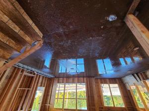 Wrong - OSB subfloor left exposed to the elements.