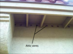 Wrong – The open overhang with exposed timbers and unscreened vent holes make this roof more susceptible to ignition.