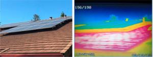 Roof-mounted solar panels shade the roof below them (left), significantly reducing the roof’s surface temperature (thermal image on the right - yellow region under the panels is cooler than the red and white region on the exposed portion of the roof)