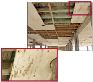 The plywood panels on the underside of this house blew away in hurricane wind speeds of 105 to 115 mph due to corrosion of existing nails, excessive space between nails, and use of nails instead of screws. 