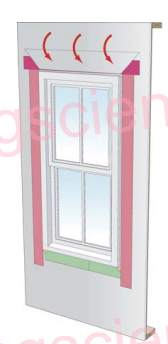 This window is properly flashed, with pan flashing, then side (jamb) flashing over the window flanges, flashing across the top, and then the house wrap flap folded down before head flashing is added.