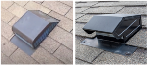 Left - example of a roof vent installed in a manner that doesn’t require any roof sealant to remain waterproof; right - example of a roof vent installed in a manner that requires inspecting and maintaining of the sealant to remain waterproof