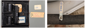 Before replacing a water heater, flip the breaker on the water heater (left) to turn off power to the water heater and close the valve on the cold water inlet (right) to turn off the water supply to the water heater.