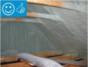 Right - Spray foam insulation has been sprayed onto the underside of the sloped roof and the gable end wall to provide a sealed, insulated attic for housing the HVAC ducts